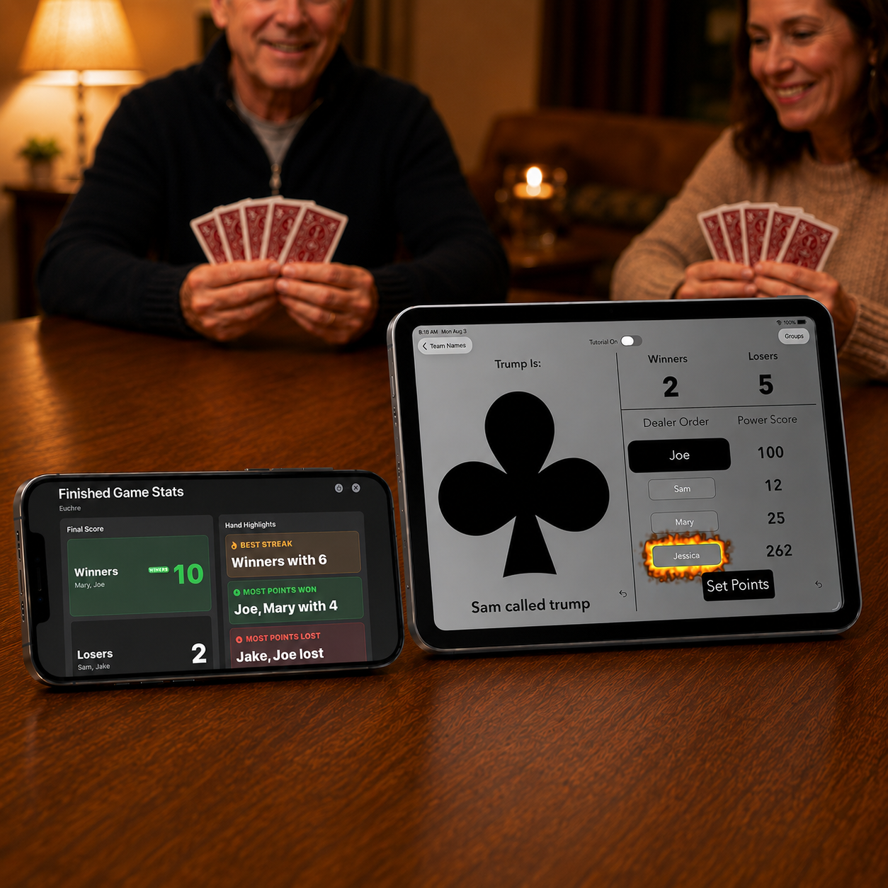 What's Trump? Euchre scorekeeper app showing trump suit, score, dealer order, and Power Score on iPhone