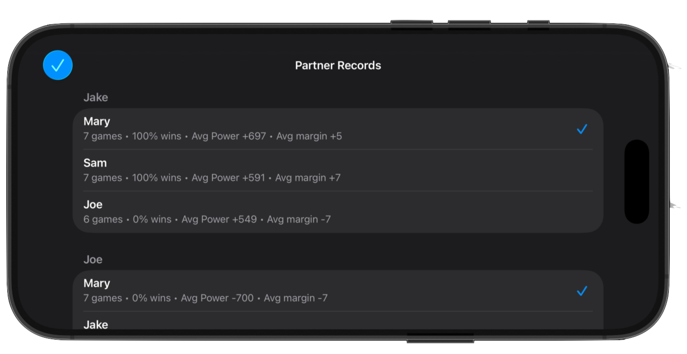Game history screen showing previously played Euchre games with scores and dates