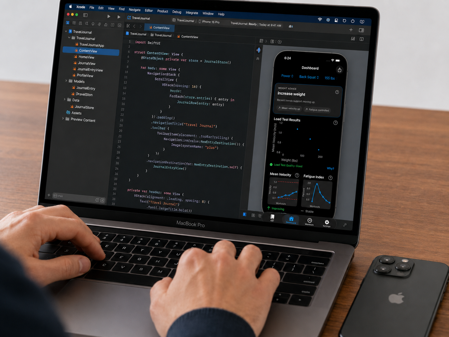 A person working on a MacBook Pro laptop, coding in Xcode with a SwiftUI project visible on the screen, and an iPhone displaying a health app interface with workout and test result data next to it on a wooden desk.