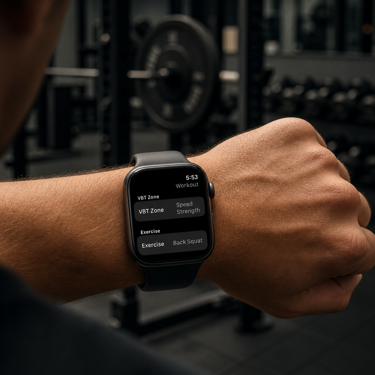 Apple Watch tracking rep speed during a strength training workout in the gym