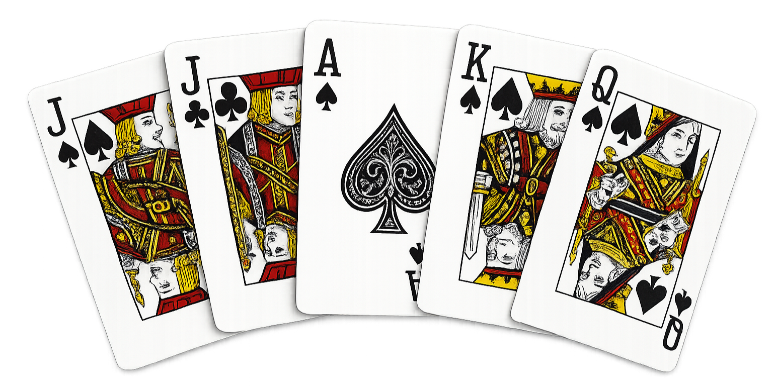 Set of six playing cards with Queen, Jack, Ace, King, Queen of spades and Queen of spades, fanned out on a surface
