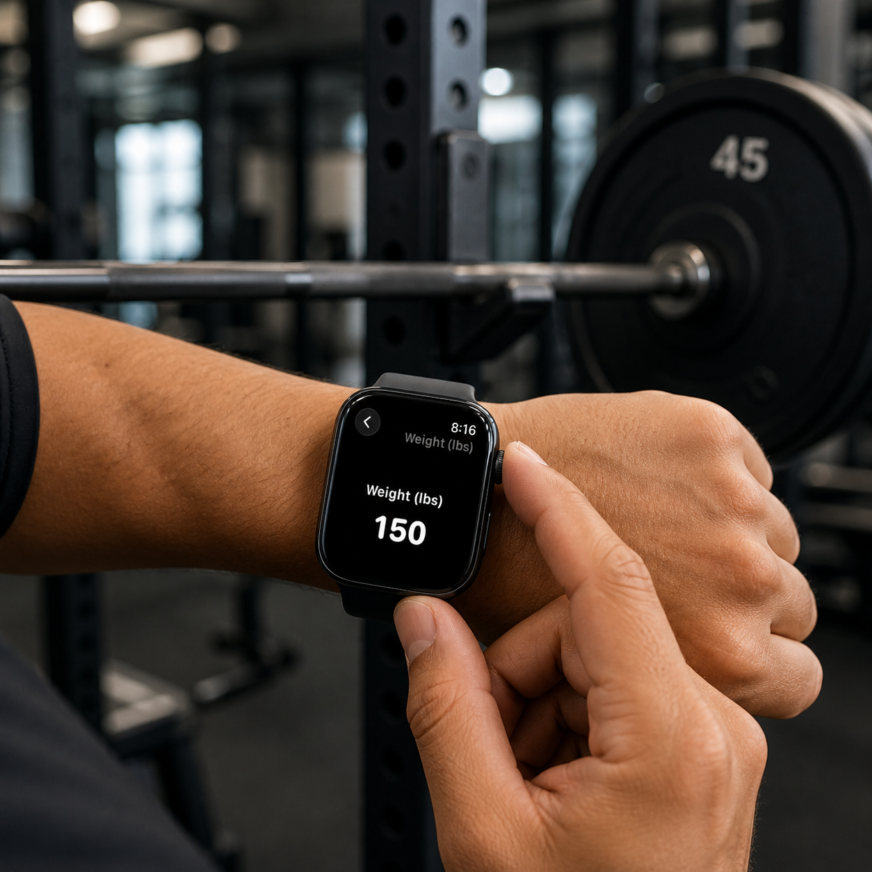 Apple Watch showing workout load information for velocity-based training with weights in the background