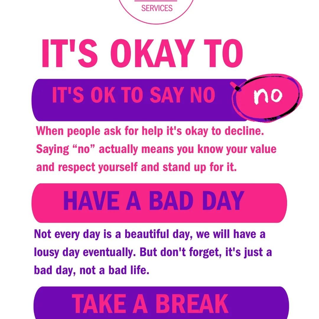 Remember, it's okay to: 1. Say no when you need to set boundaries. 2. Take a break when life gets overwhelming. 3. Have a bad day because we all need to embrace our emotions sometimes. Your well-being matters! 💙 #SelfCare #MentalHealth