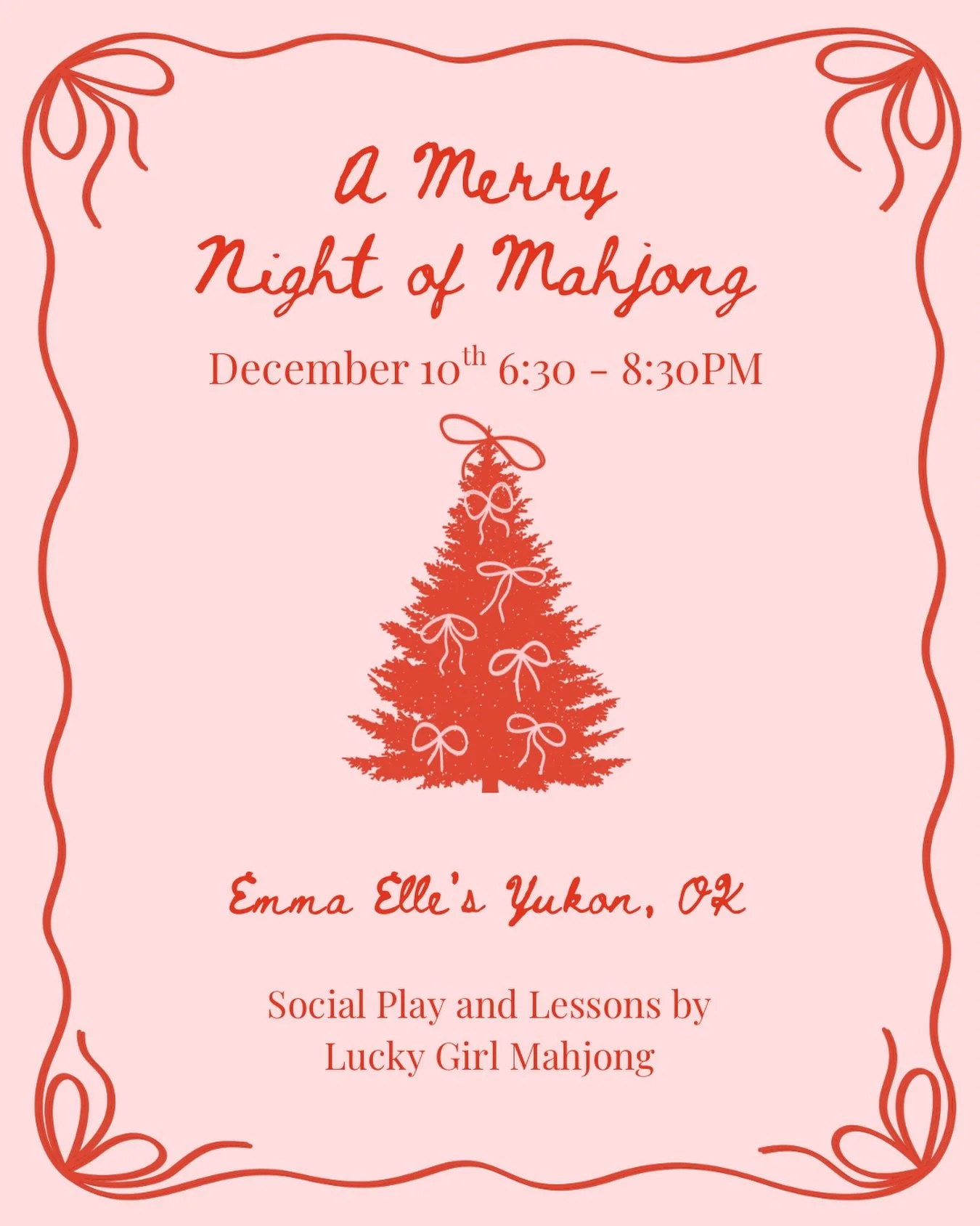 🎄🀄️Yukon, OK Mahjong lesson and social play event at @emmaellesokc !! 

Join us December 10th from 6:30 - 8:30pm

🍷It&rsquo;s Wine Wednesday at Emma Elle&rsquo;s so enjoy $5 glasses of wine and $20 bottles (bring a friend or a few). We will provid