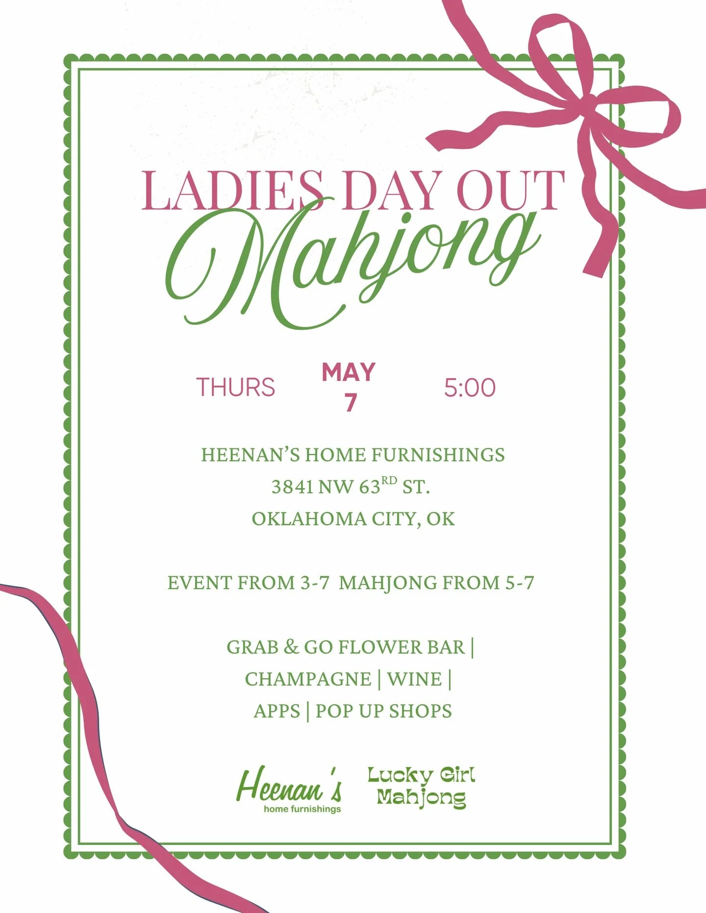 Join us @heenanshomefurnishings for a mahjong lesson and open play! It&rsquo;s an evening full of fun with vendors, food, drinks, and mahjong! 

Play starts at 5:00, but all of the fun at Heenan&rsquo;s starts at 3:00! 

Come to play or take a lesson