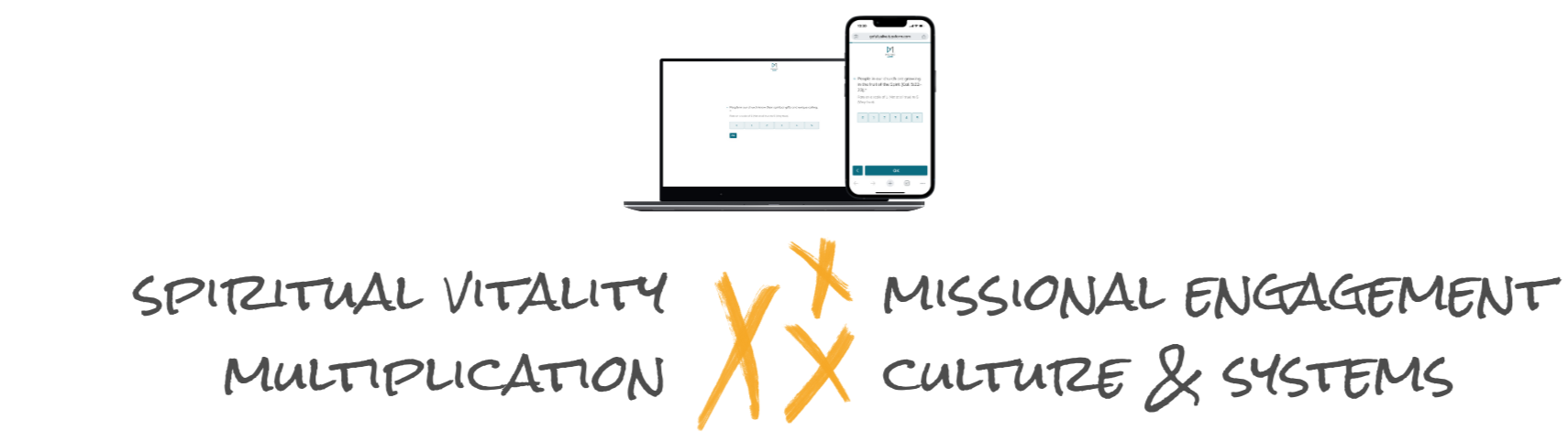 Graphic showing a laptop and smartphone with a webpage, and handwritten-style text that reads "Spiritual Vitality x Missional Engagement," "Multiplication x Culture & Systems."