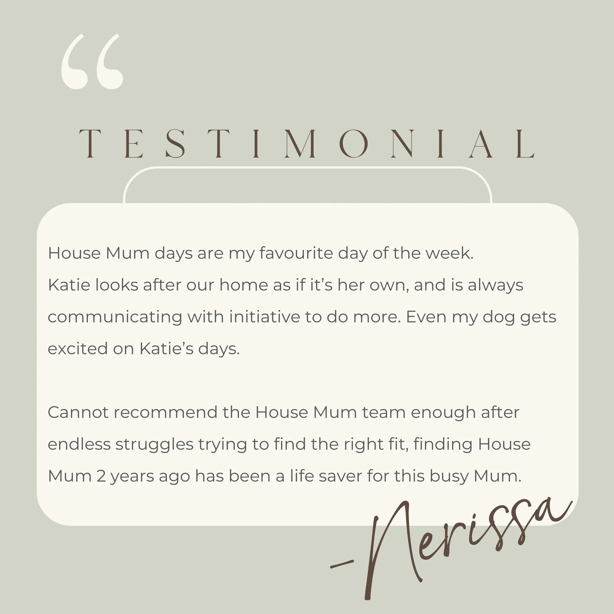 A beautiful review from one of our long term clients, Nerissa ✨

Are you ready for House Mum Day to be your favourite day of the week too? 

🌐 www.housemum.com
✉️ admin@housemum.com
📞 0457 354 211

 #homeorganisation #declutteryourhome #brisbanemum