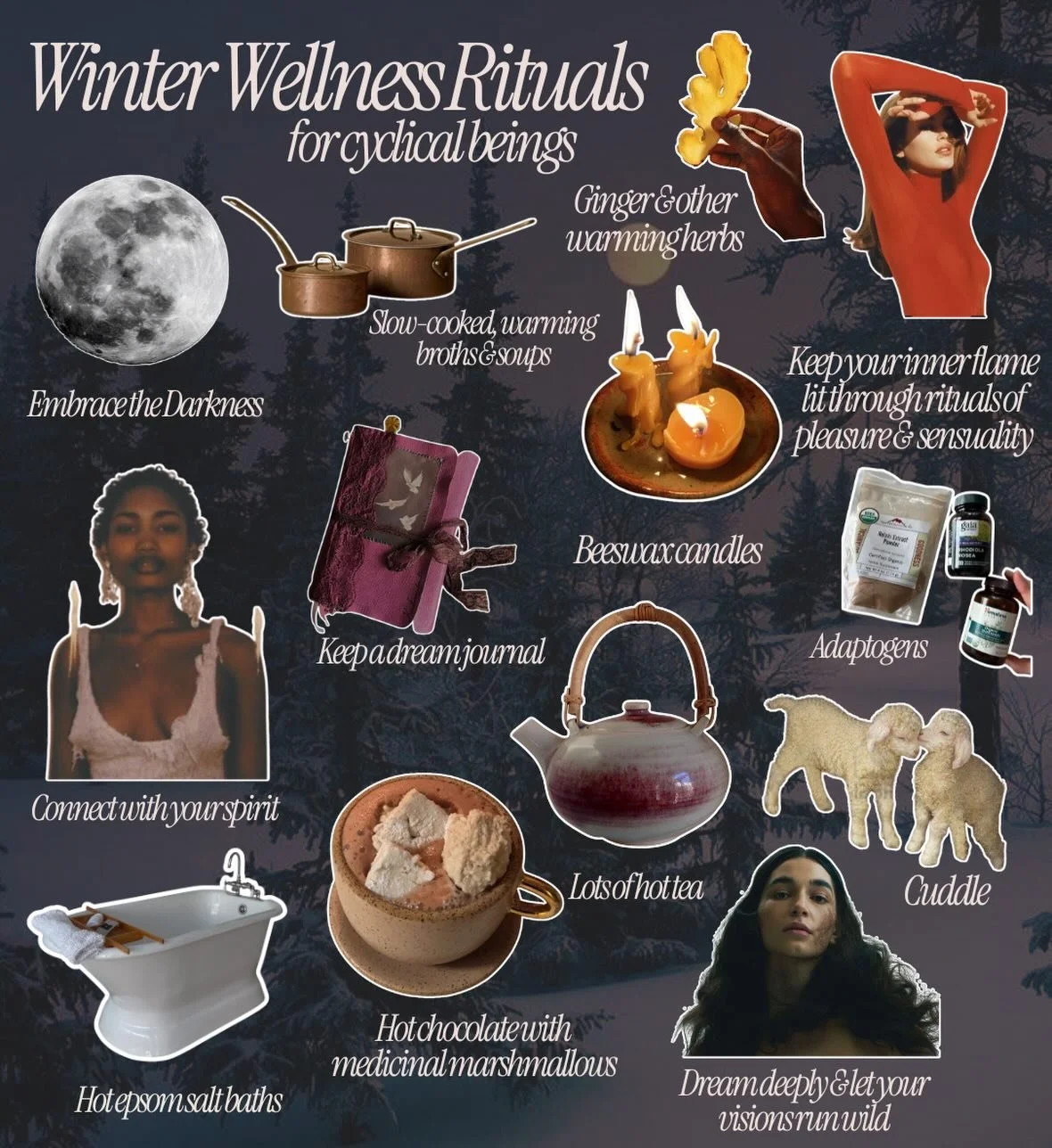 Winter is a time for deep rest, slow nourishment, &amp; uninhibited dreaming ❄️☁️🔮

As the earth slows &amp; stills, we are inclined to turn inwards to explore our dark depths &amp; reconnect with our internal world 🌀

Archetyptally, winter corresp