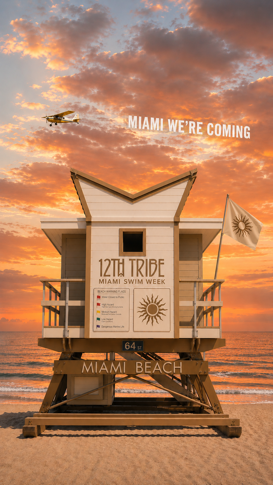 A lifeguard tower at Miami Beach during sunset with an airplane overhead towing a banner that reads 'MIAMI WE'RE COMING.' The tower displays signs for Miami Swim Week, a flag with a sun emblem, and the street number 64. The ocean and a colorful sky with clouds are in the background.
