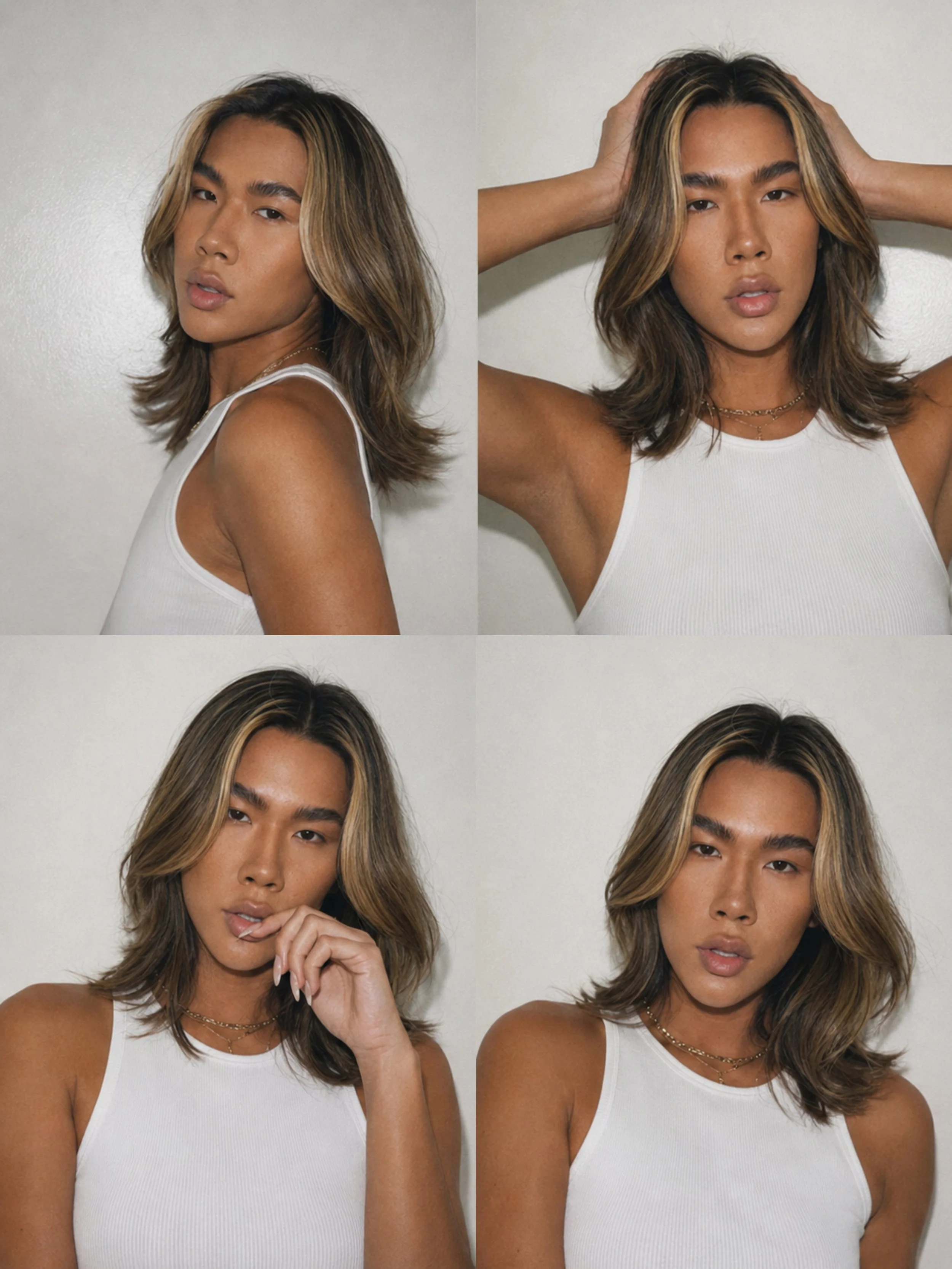 A collage of four close-up portraits of a woman with medium skin tone, shoulder-length wavy hair with highlights, wearing a white tank top and layered necklaces, posing against a plain wall, expressing various confident and contemplative emotions.