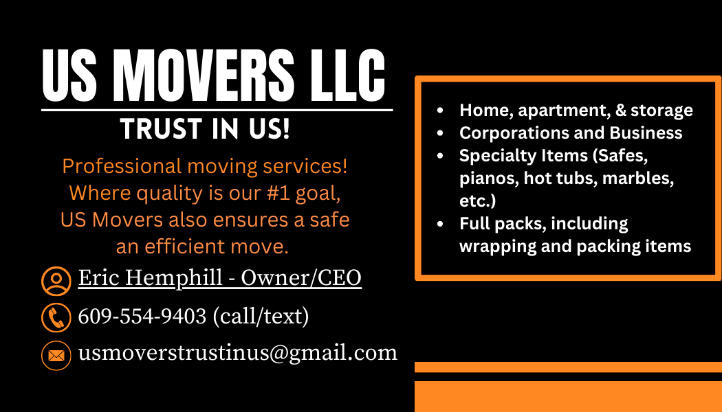 Business card for US Movers LLC with contact information, services, and owner details