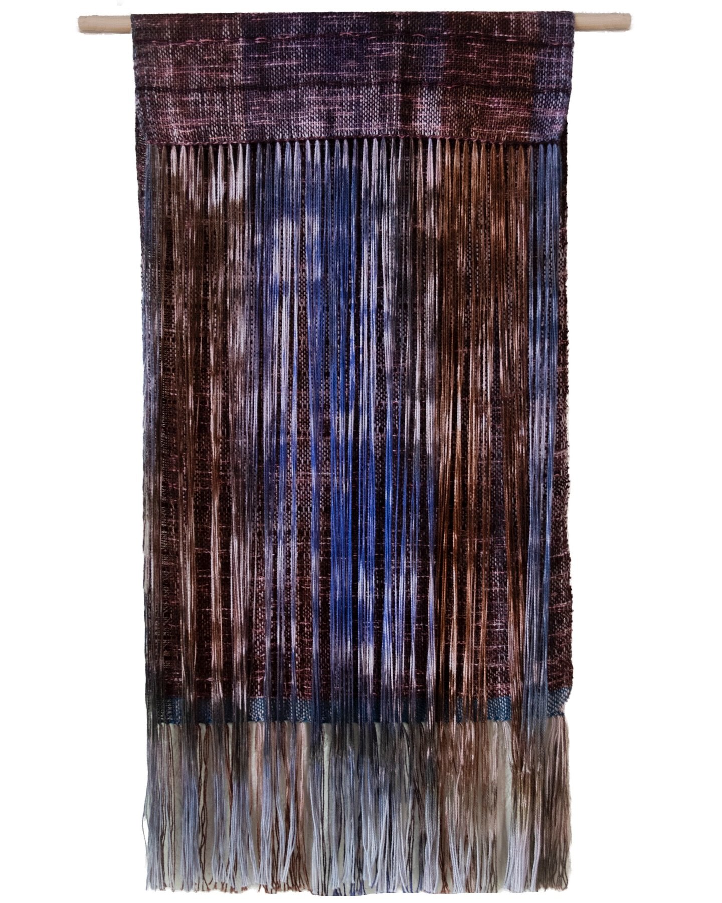 Savannah in December, 2025. Hand-painted Organic cotton warp. Woven on a 4 shaft floor loom.  This trio, Savannah in December I, II, III, respectively is a woven response to my experience of living, breathing, and working through the darkest month in