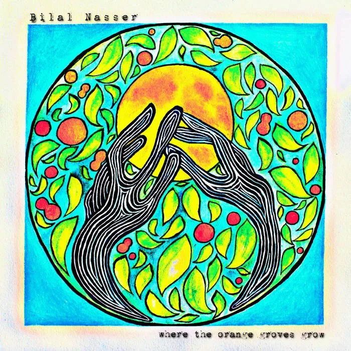 Stylized hands grasp for abstract oranges, all enclosed in a circle on a teal backgrounf