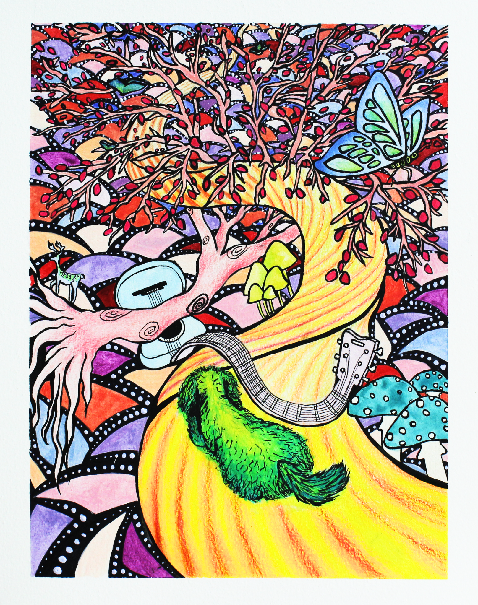 Winding yellow path intertwined with pink blooming tree. Small shaggy green dog at the beginning of the path