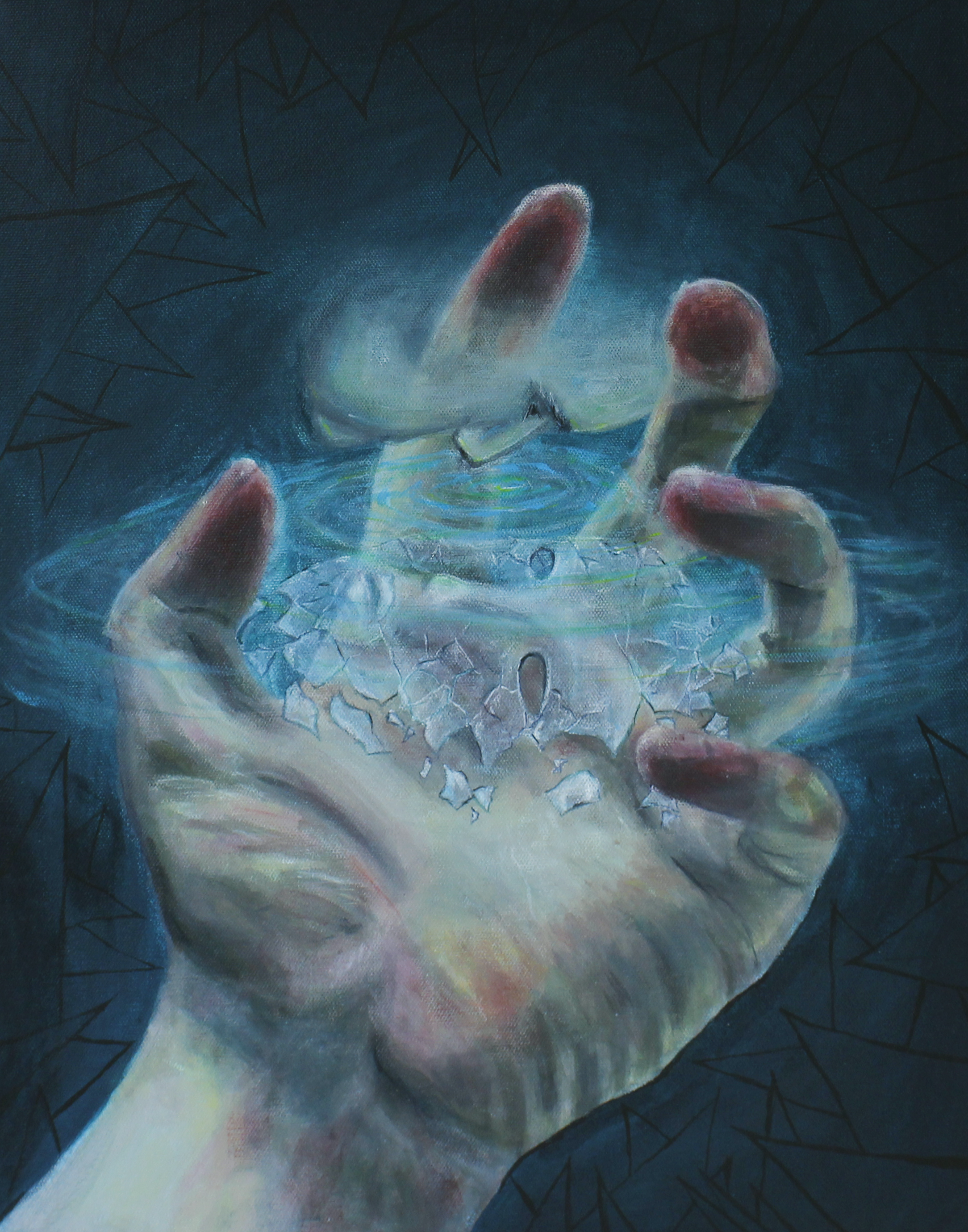 Closeup of white hand with fingertips emerging from blue fog