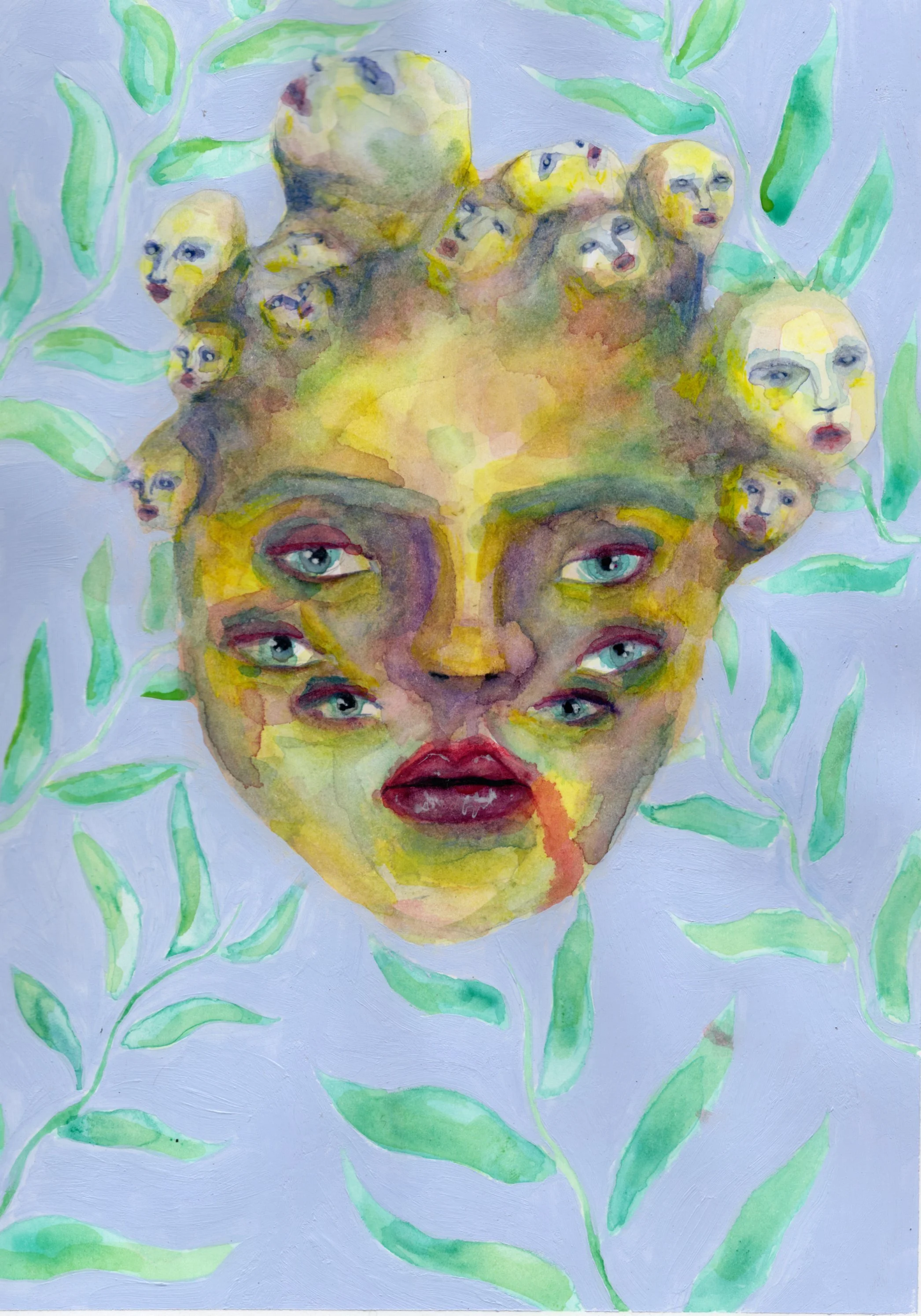 Face with multiple sets of eyes and multiple heads growing out of the top, floating on blue background, surrounded by foliage