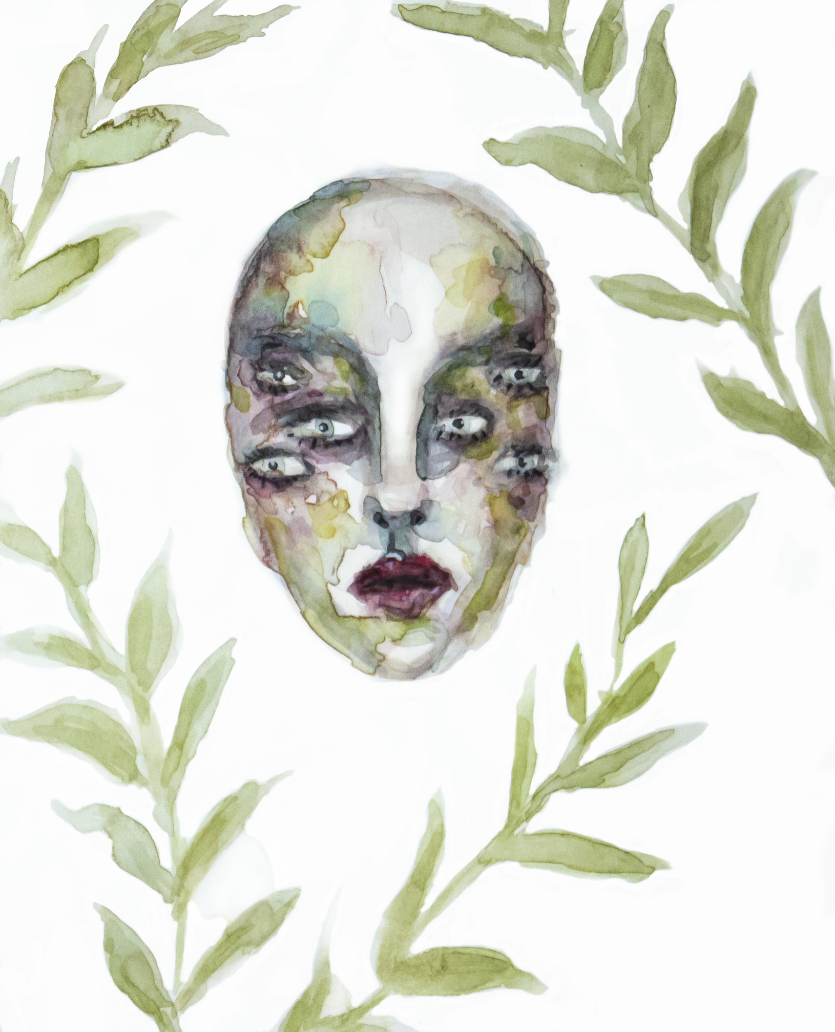 Watercolour face with multiple eyes floating among foliage