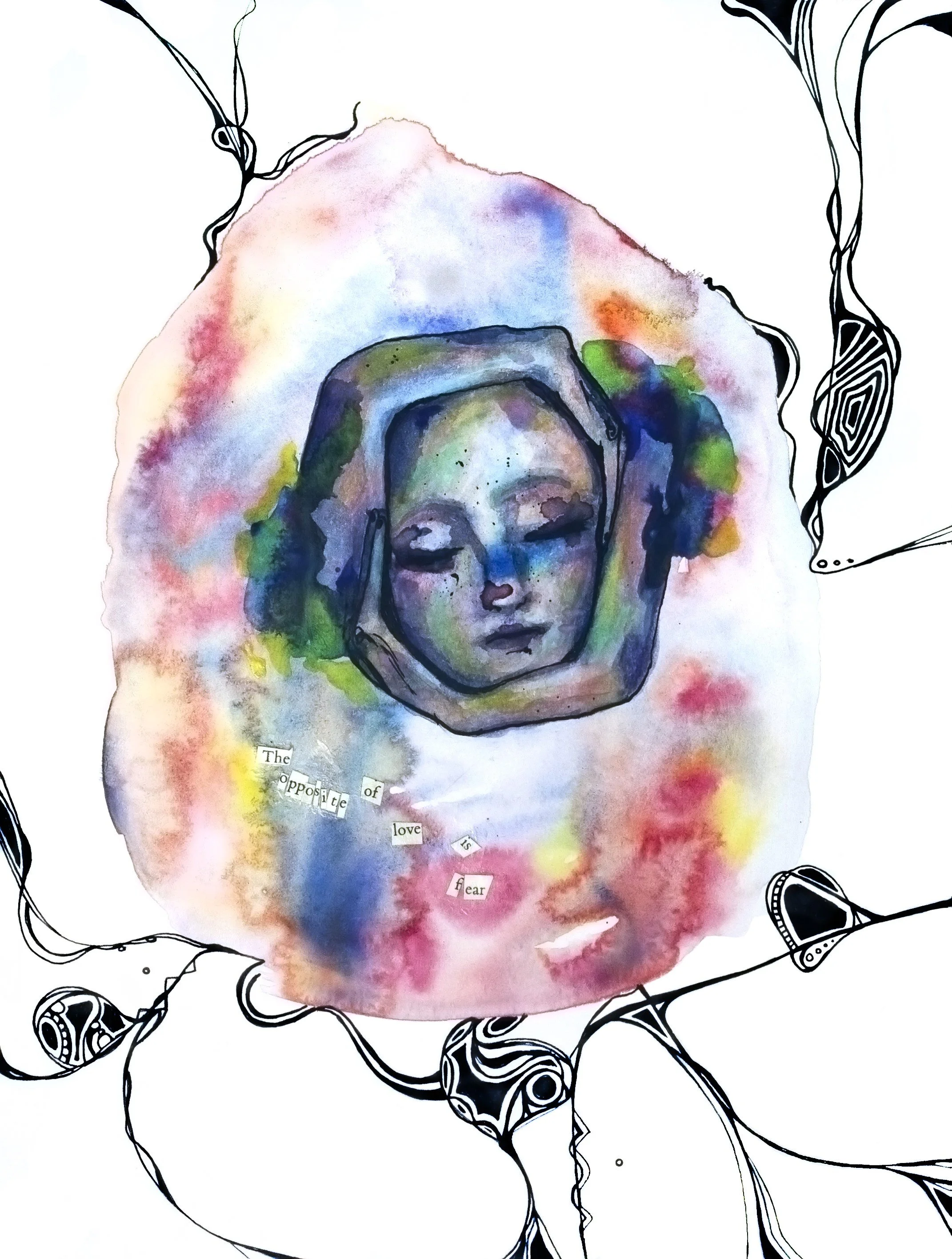 Serene face painted with watercolour and surrounded by black ink doodles and cutout words