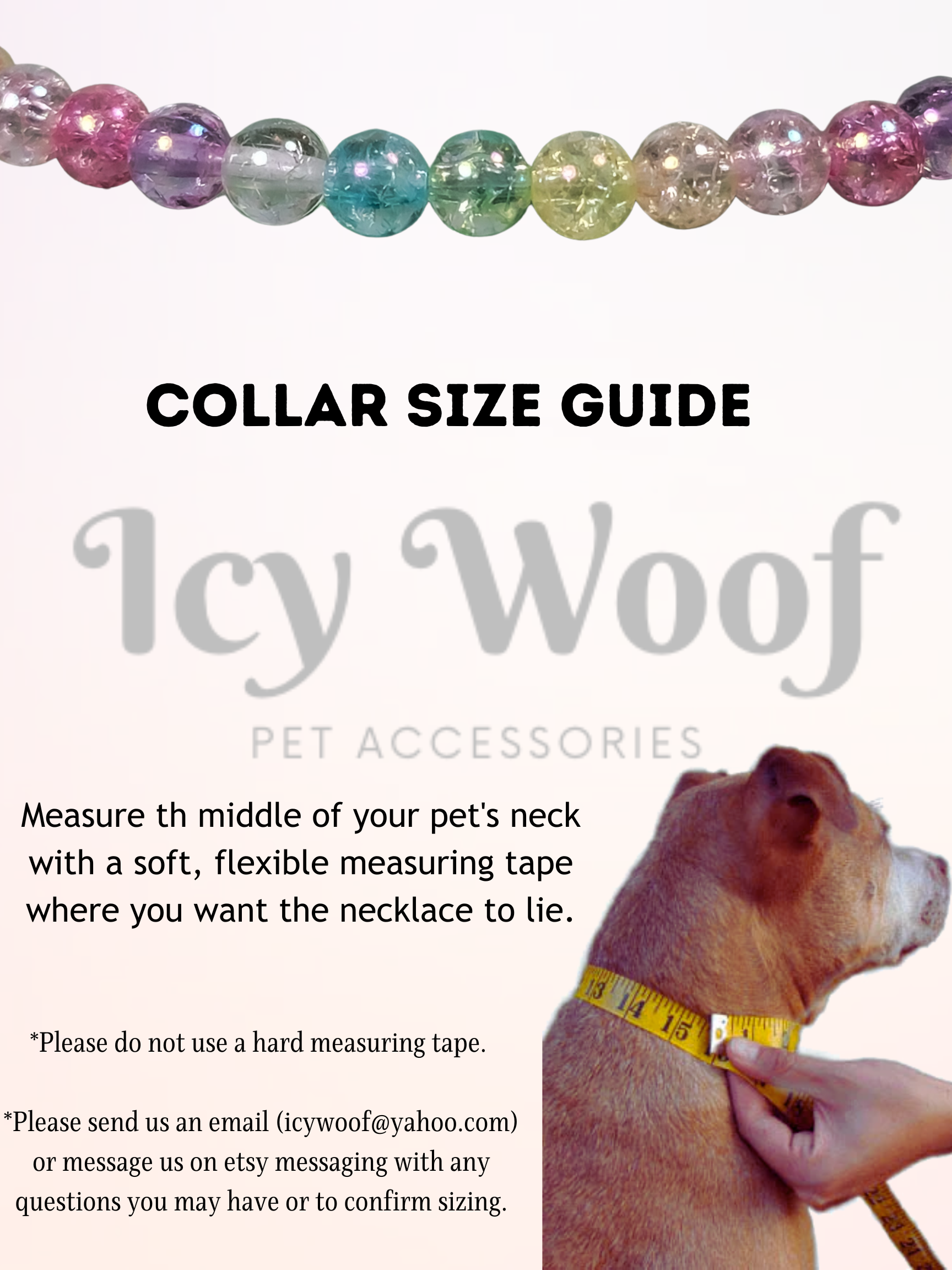 Pet accessory catalog cover with colorful beaded necklace at the top, a dog getting its neck measured with a tape, and text about measuring pet's neck for a collar