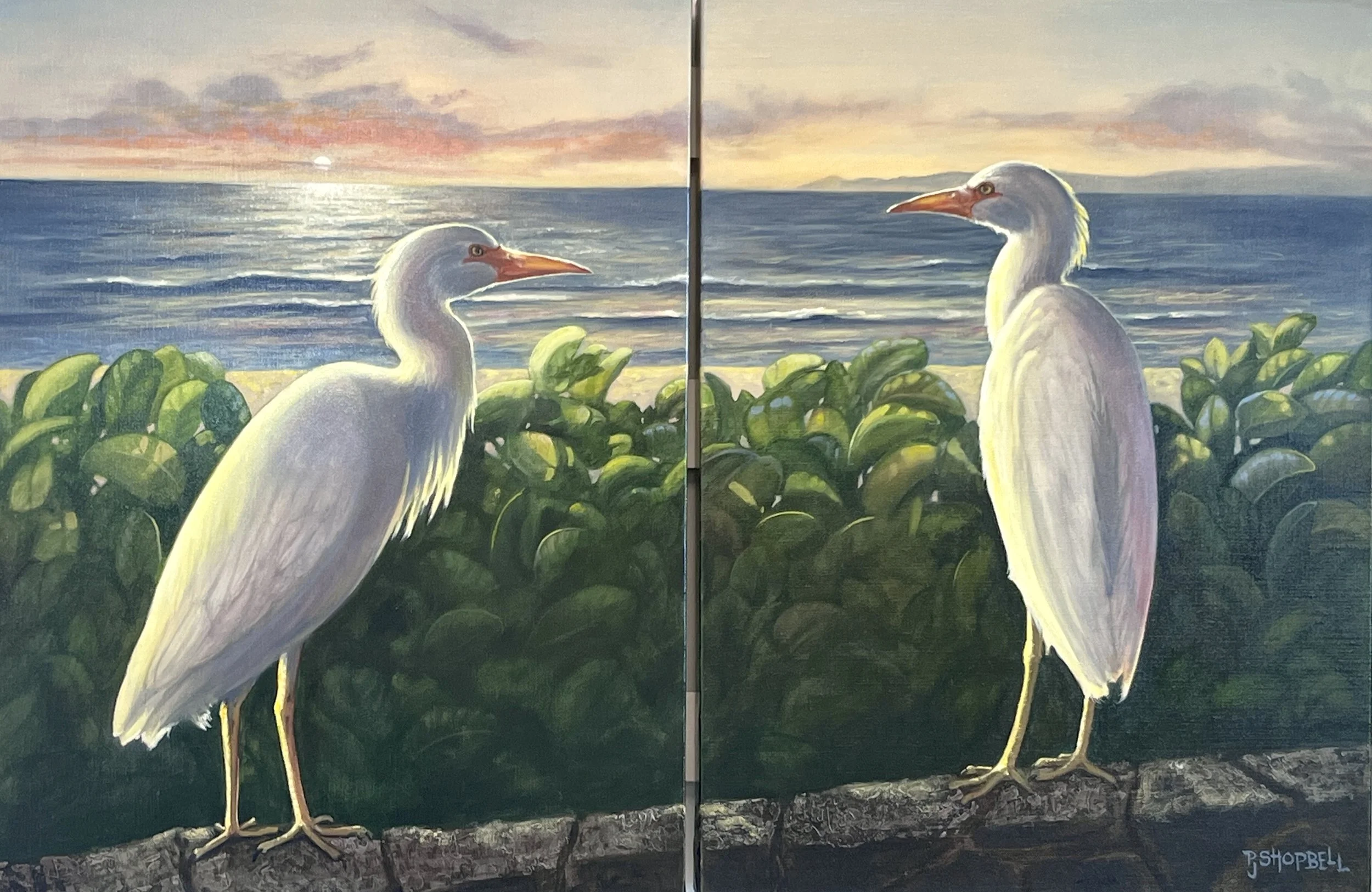 # 127 Sunset Egrets (Diptych)
Oil on Gallery Wrap Canvas 
18" x 24" x 1.5 (each canvas)