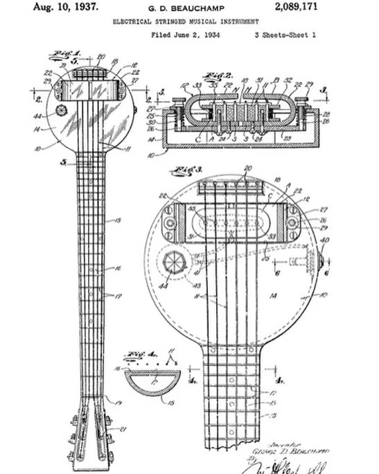 89 years ago today, the patent for the first electric guitar was granted to inventor George Beauchamp, who assigned it to Electro String Corp., the company associated with Adolph Rickenbacher.

The instrument was the famous Rickenbacker Frying Pan la