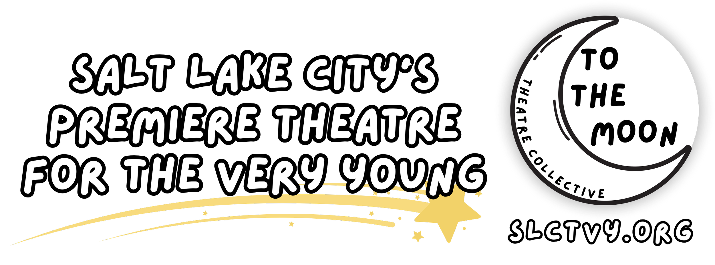 Black promotional graphic for Salt Lake City's premiere theatre for young children, called The Moon Theatre Collective, with a circular logo on the right featuring a stylized moon and stars, and the website URL slctv.org.