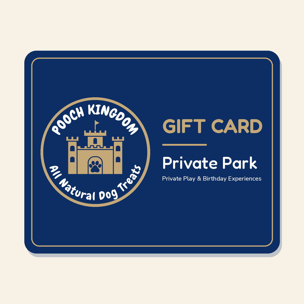 Pooch Kingdom Private Park gift card in navy and gold with the Pooch Kingdom castle logo