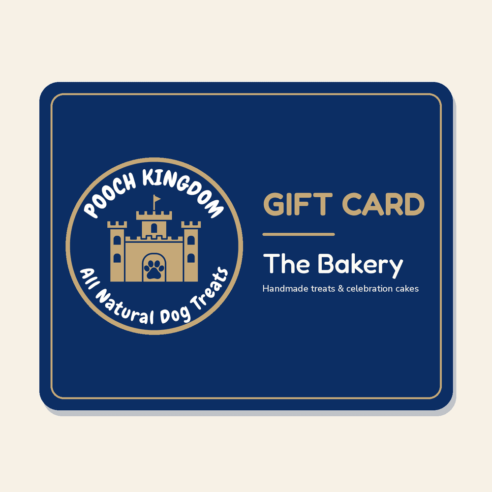 Pooch Kingdom Bakery gift card in navy and gold with the Pooch Kingdom castle logo