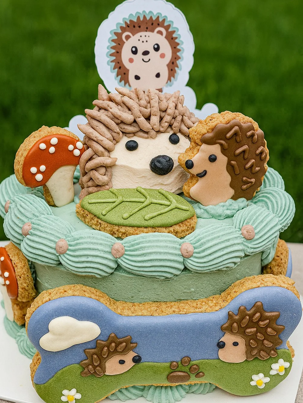 A custom dog birthday cake with hand-decorated hedgehogs, made by Kerry at Pooch Kingdom