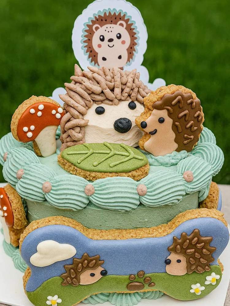 A custom dog birthday cake with hedgehog decorations, handmade by Pooch Kingdom