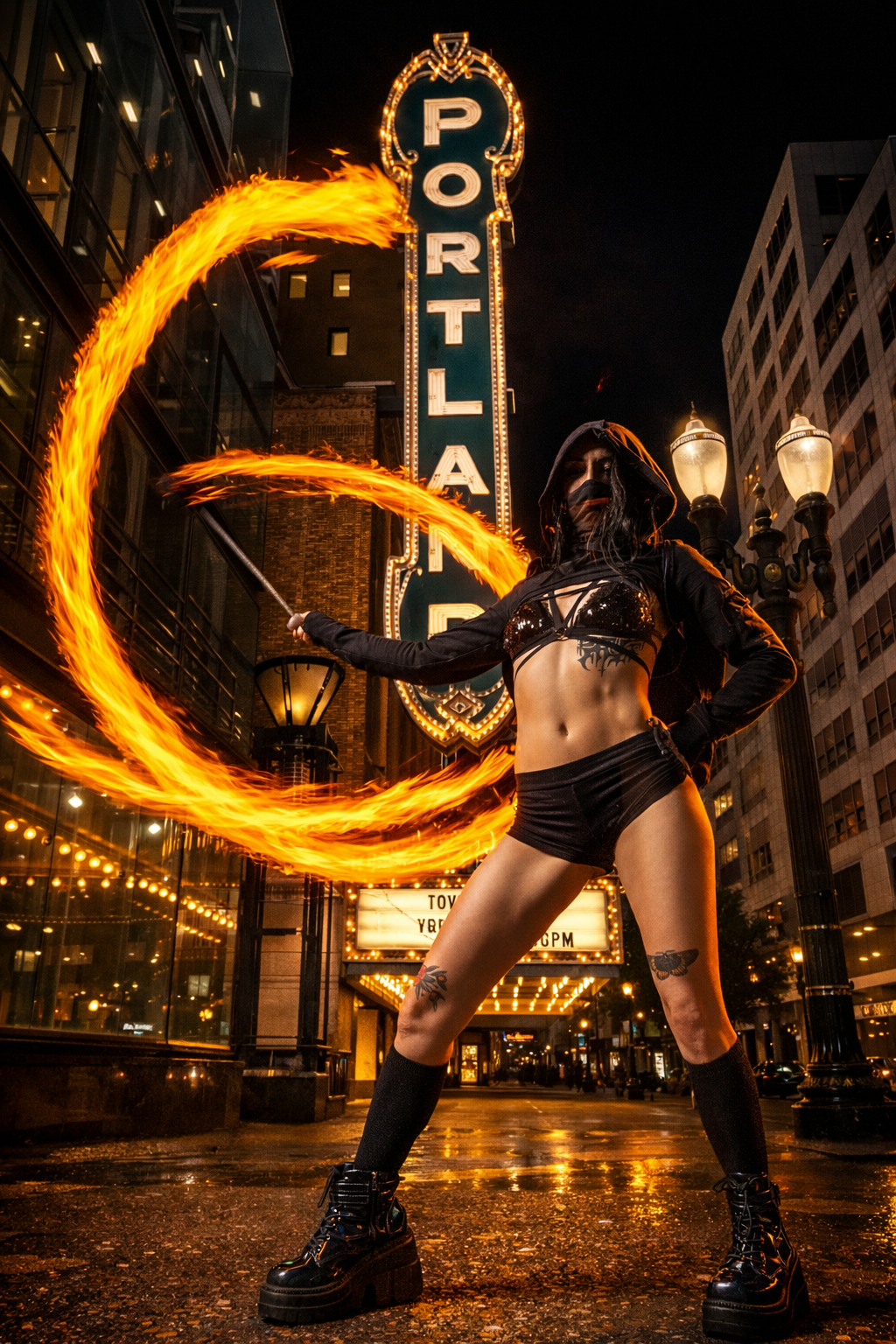 A woman performing fire dancing on a city street at night, in front of a vintage theater sign saying 'Portland.' She wears a black hood, a black leather crop top, black shorts, high lace-up boots, and has tattoos on her legs. She is swinging fire poi, creating fiery arcs around her.