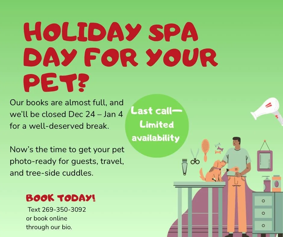 ⏰ Final call: If your pup still needs a pre-holiday groom, don&rsquo;t wait another minute!

Our books are almost full, and we&rsquo;ll be closed Dec 24 &ndash; Jan 4 for a well-deserved break.

Now&rsquo;s the time to get your pet photo-ready for gu