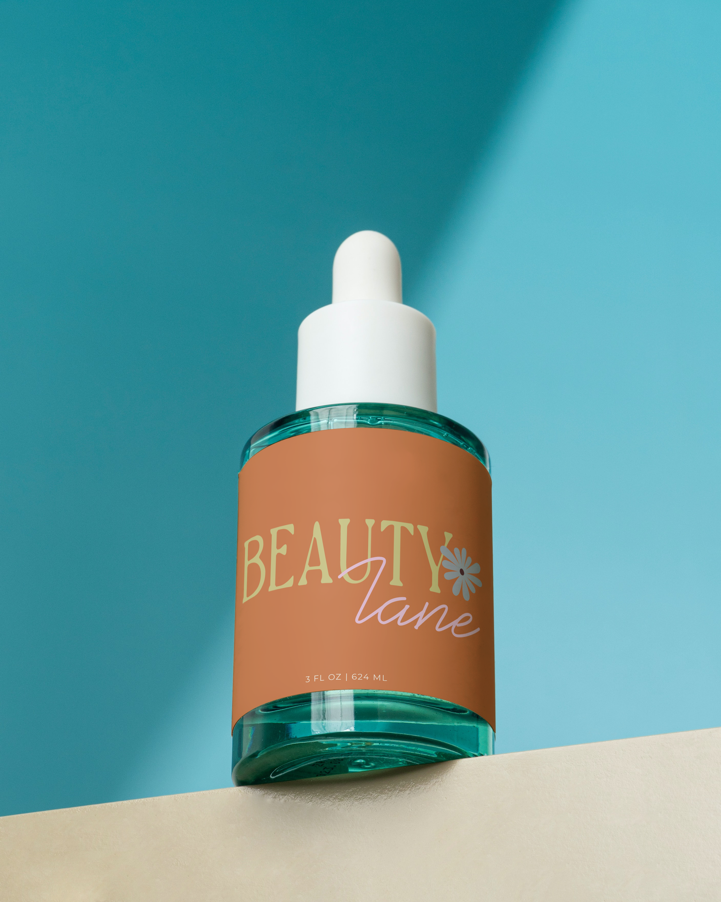 A bottle of Beauty Lane skincare product with a white pump dispenser, a peach-colored label that says 'BEAUTY lane' with a flower illustration, and small text indicating the volume as 3 fl oz or 624 ml, placed on a white surface against a teal and li