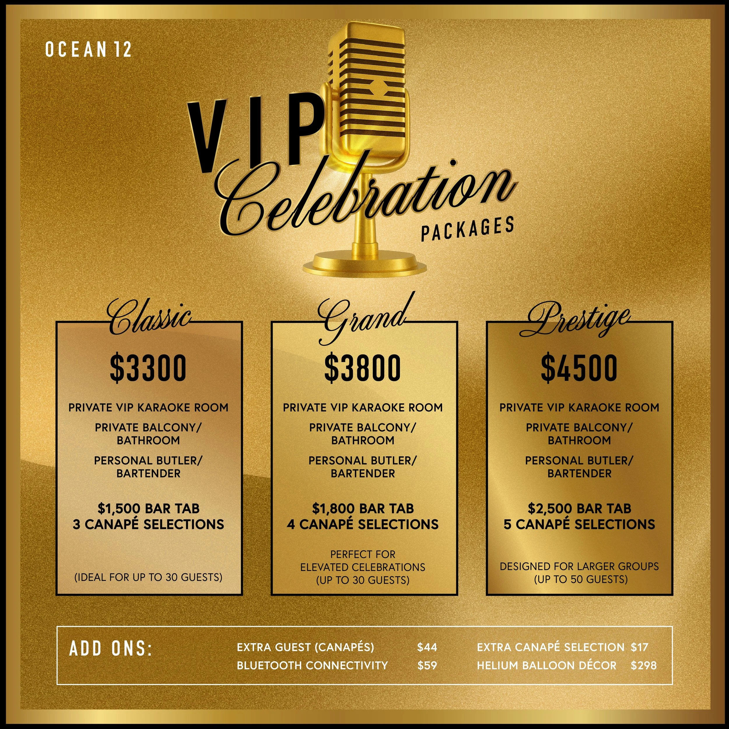 OCEAN 12 VIP ROOM PRIVATE EVENT PACKAGE CANAPES BAR TAB KARAOKE