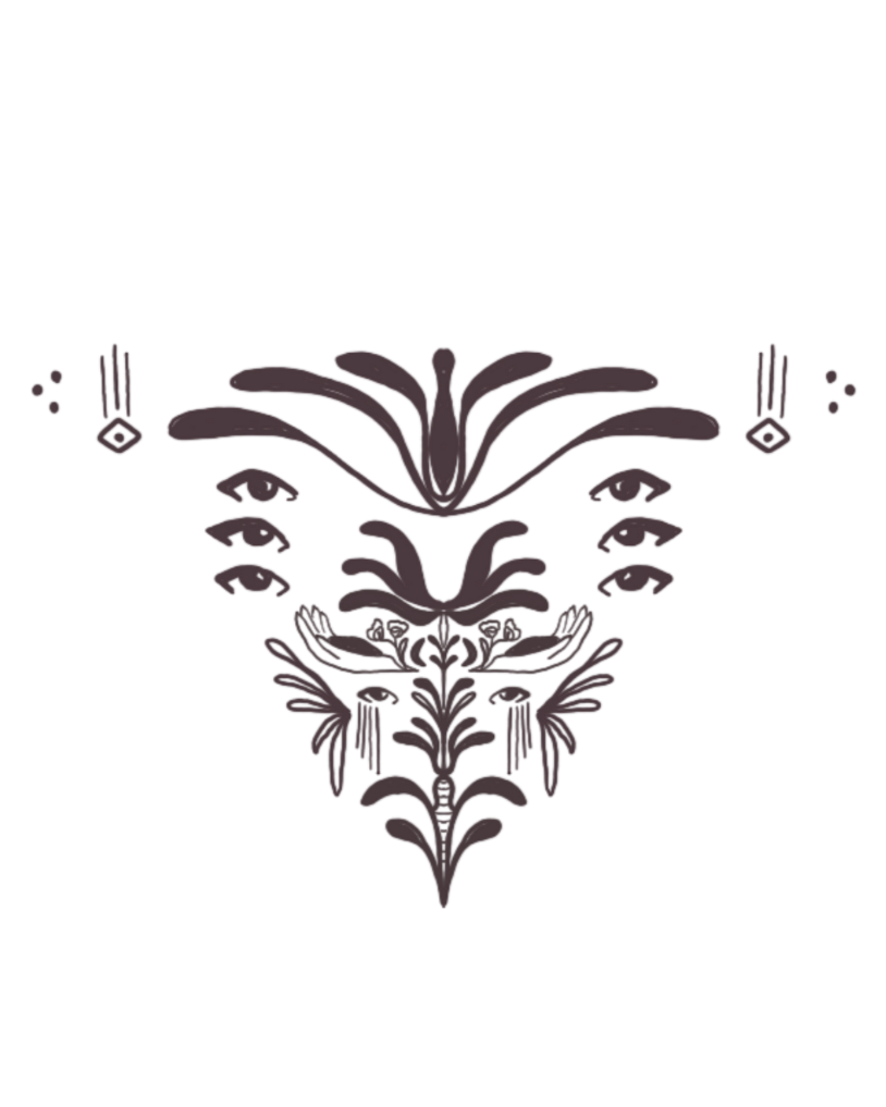 A symmetrical decorative black and gray design featuring floral and ornamental motifs.