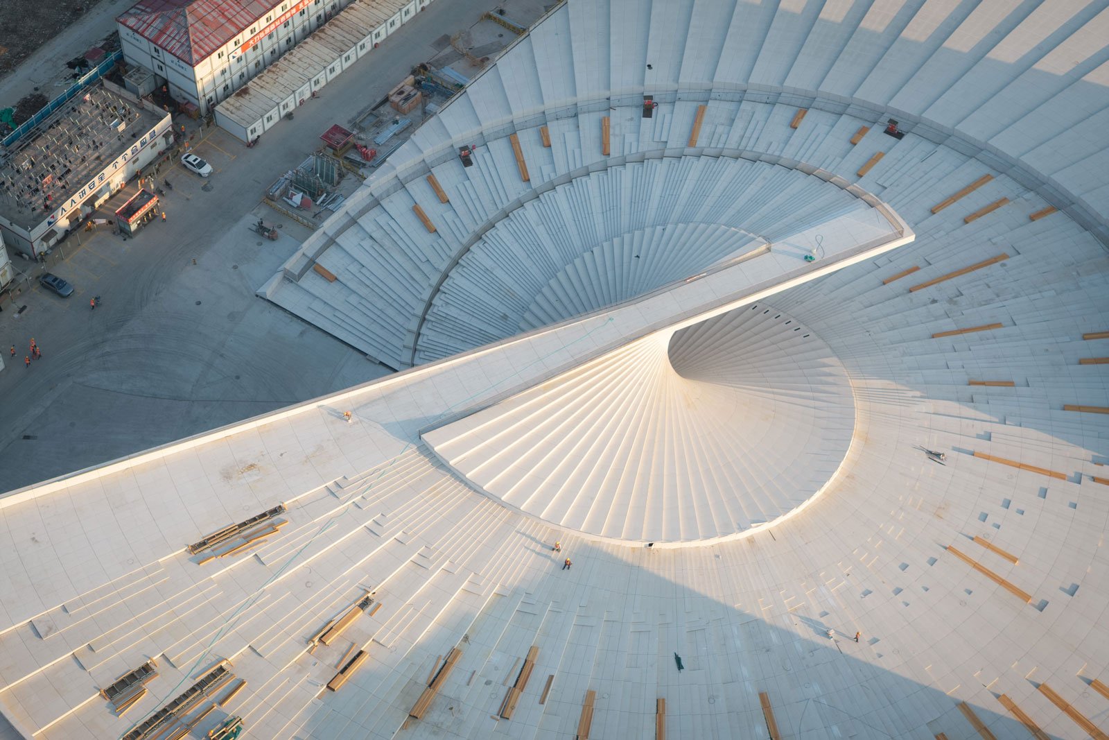 shanghai grand opera house, shanghai snohetta, snohetta opera house china, shanghai fan architecture, shanghai opera aerial