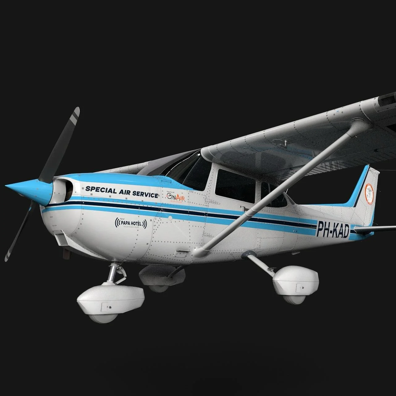 While we&rsquo;re editing our newest episode for our YouTube channel, we&rsquo;ve put our new aircraft i. The hanger to add a couple of decals with some branding for our #virtualairline. Original livery for the default #Cessna #C172 for #MSFS by @pap