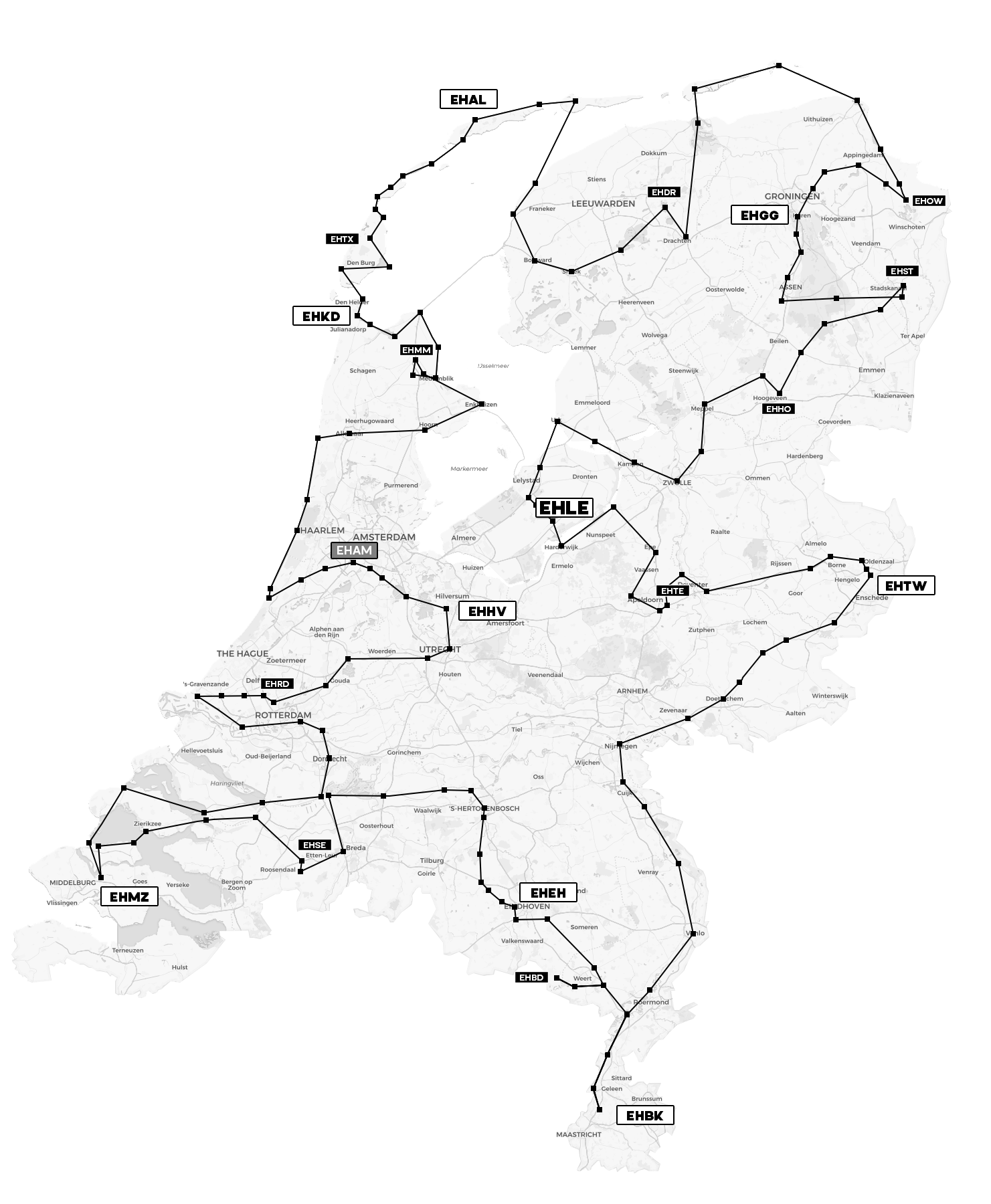 Map of the Netherlands showing the PAPA HOTEL Virtual Flying Club's Netherlands Group Tour route.