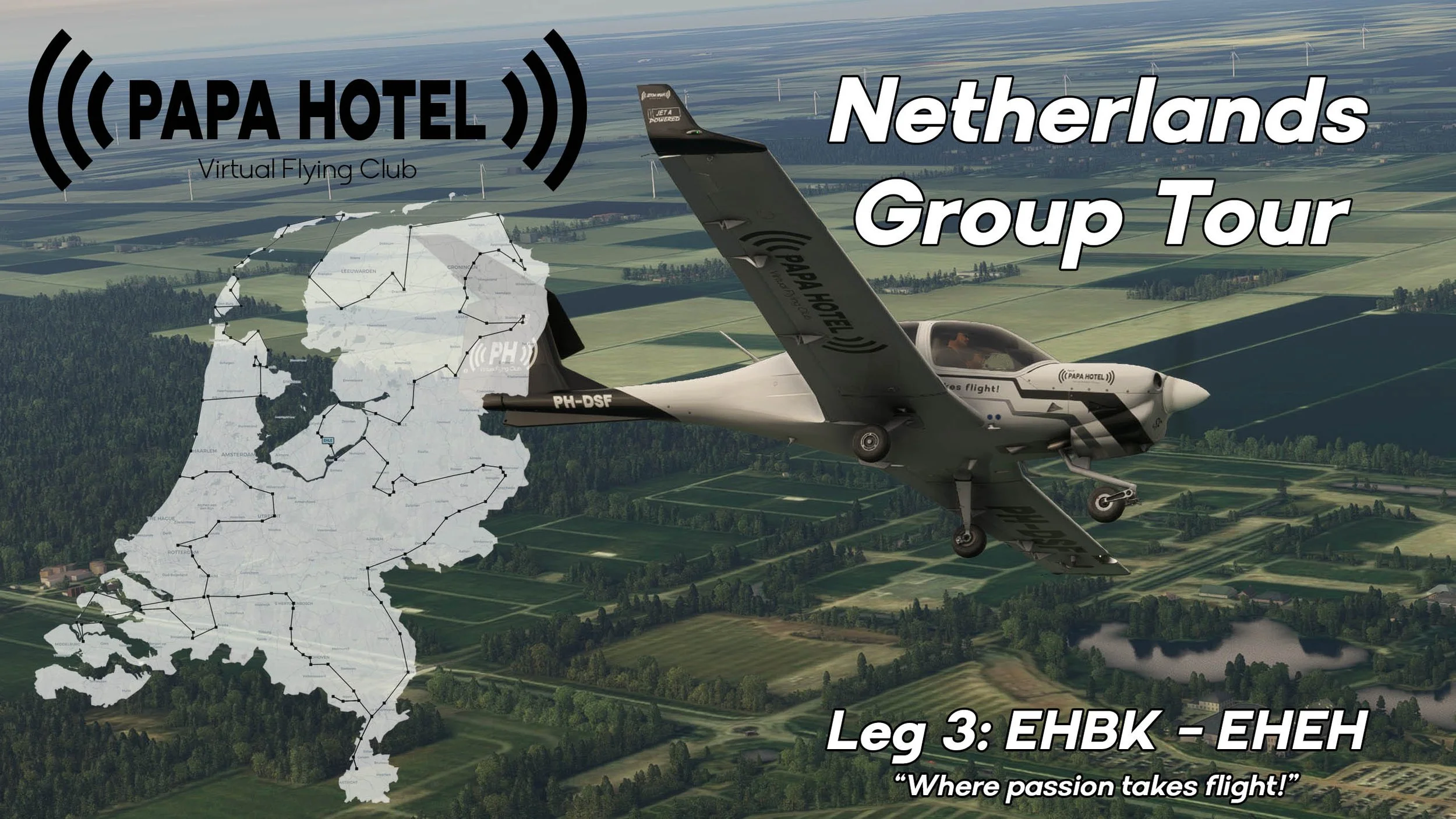 A digital graphic promoting a Netherlands group tour by PAPA HOTEL, featuring a small airplane with PAPA HOTEL branding flying over a landscape of fields and forests, alongside a map of the Netherlands with route lines and cities, with text indicating Leg 3 from EHBK to EHEH, and slogan 'Where passion takes flight!'
