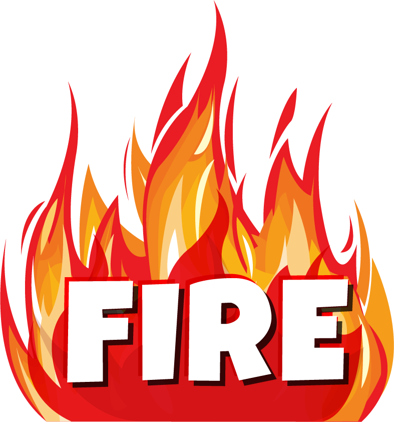 Illustration of flames with the word "FIRE" in bold, white letters.
