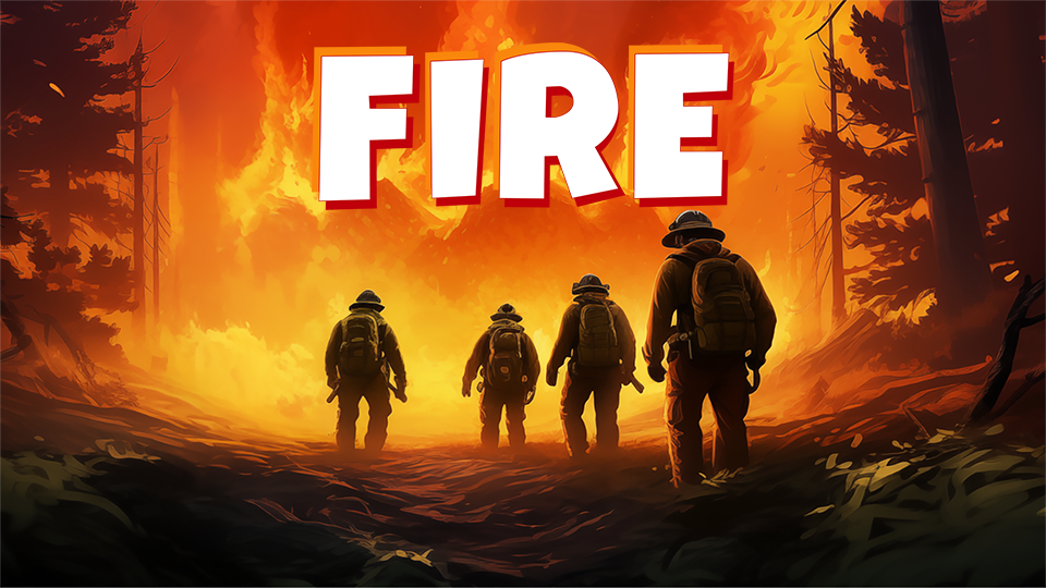 Four firefighters walking towards a forest fire with the word "FIRE" in bold on top.