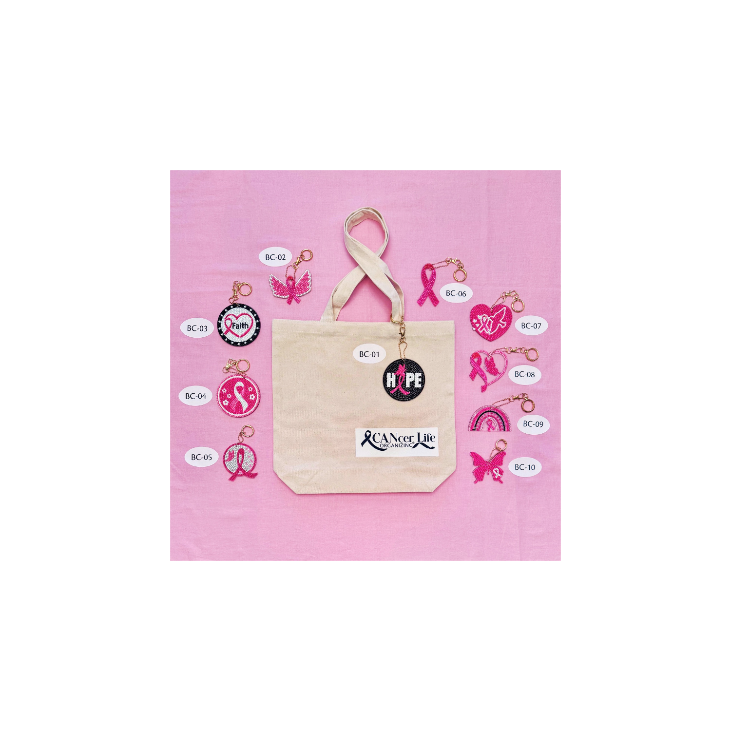 Natural Hope Tote with logo surrounded by ten numbered breast cancer awareness charms