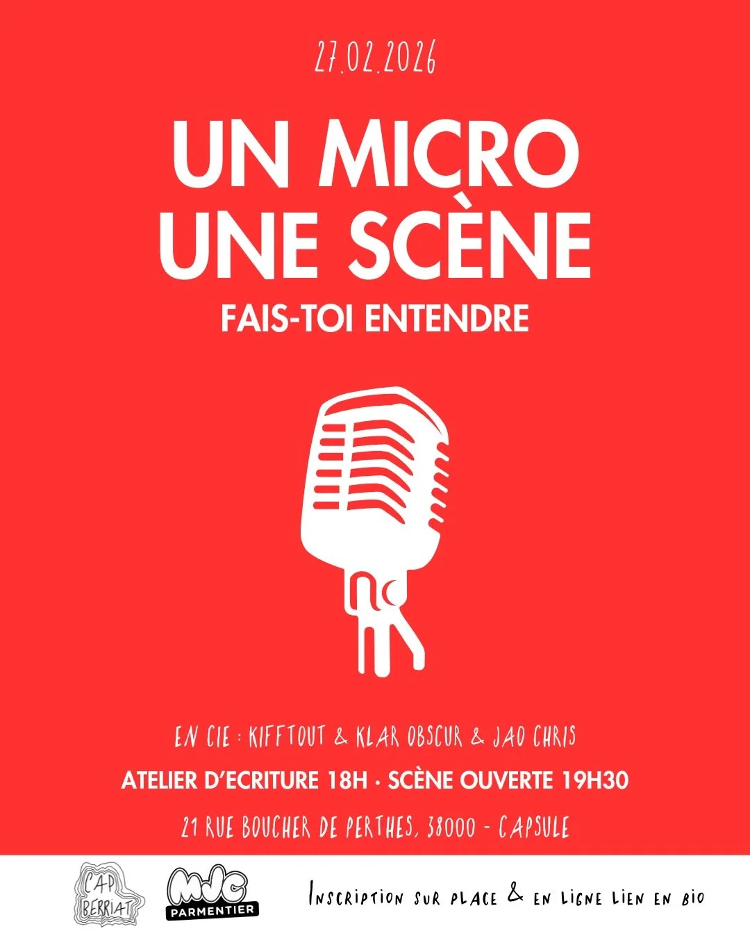 [1 MICRO 1 SC&Egrave;NE - SC&Egrave;NE OUVERTE 27/02]

Une sc&egrave;ne ouverte aux arts oratoires juste pour vous ! D&eacute;butants comme exp&eacute;riment&eacute;s venez vous faire entendre ! 

Organis&eacute;e par @cap_berriat, la @mjcparmentier 