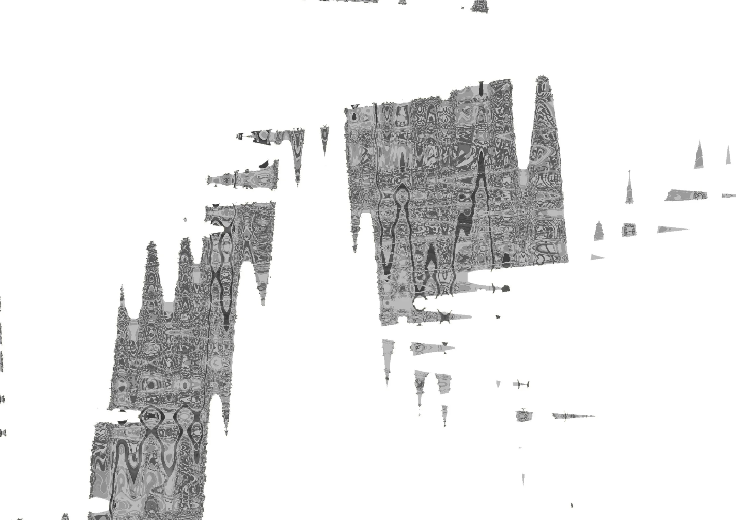 A grayscale, abstract digital rendering of a city skyline with a distorted perspective and stylized buildings.Residential interior design project in Scotland - Interior Designer Scotland - Interiors 