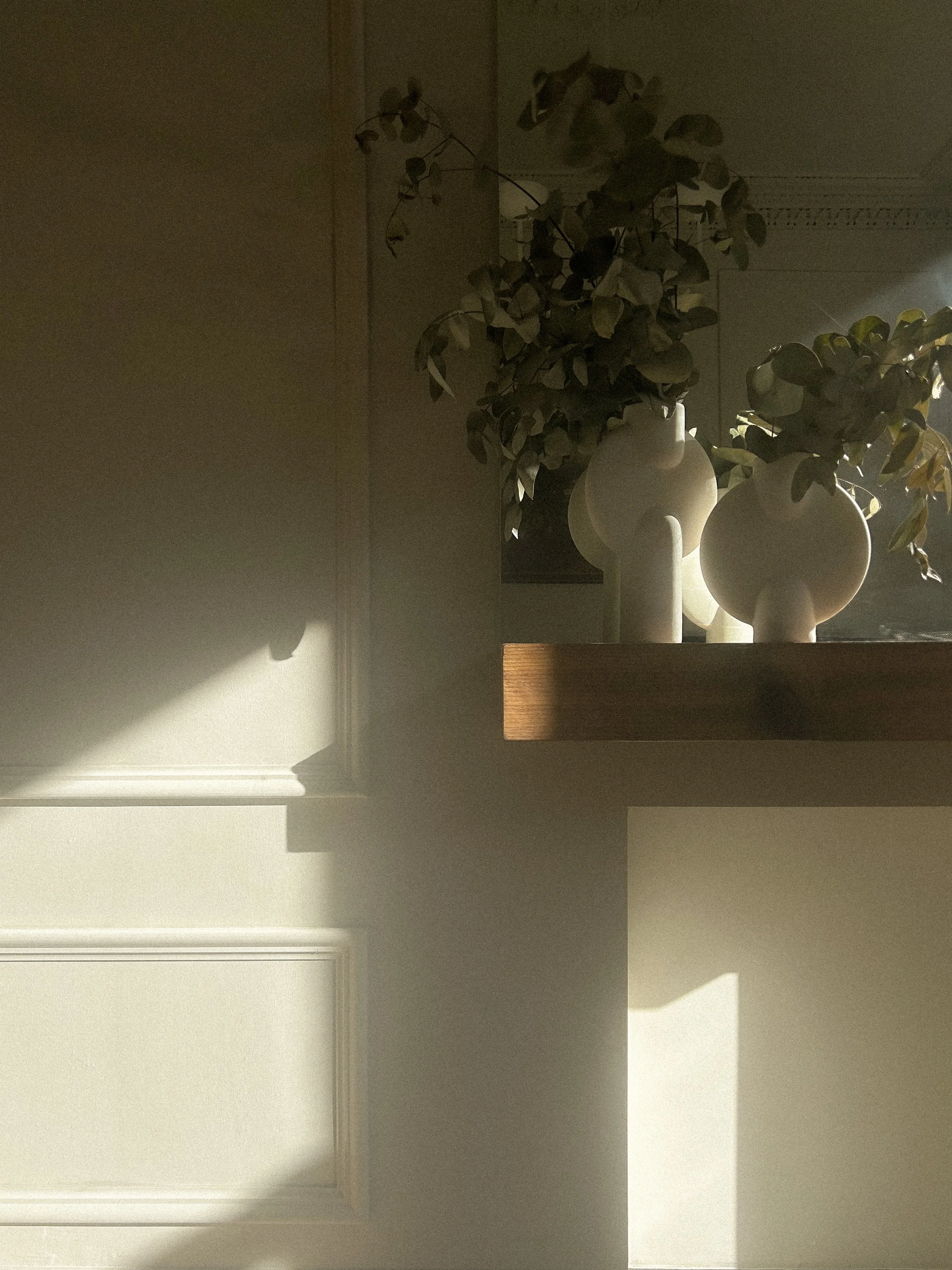 A corner of a room with a beige wall, shadowed in the sunlight, showing two white vases with dried leaves on a wooden shelf.Residential interior design project in Scotland - Interior Designer Scotland - Interiors 