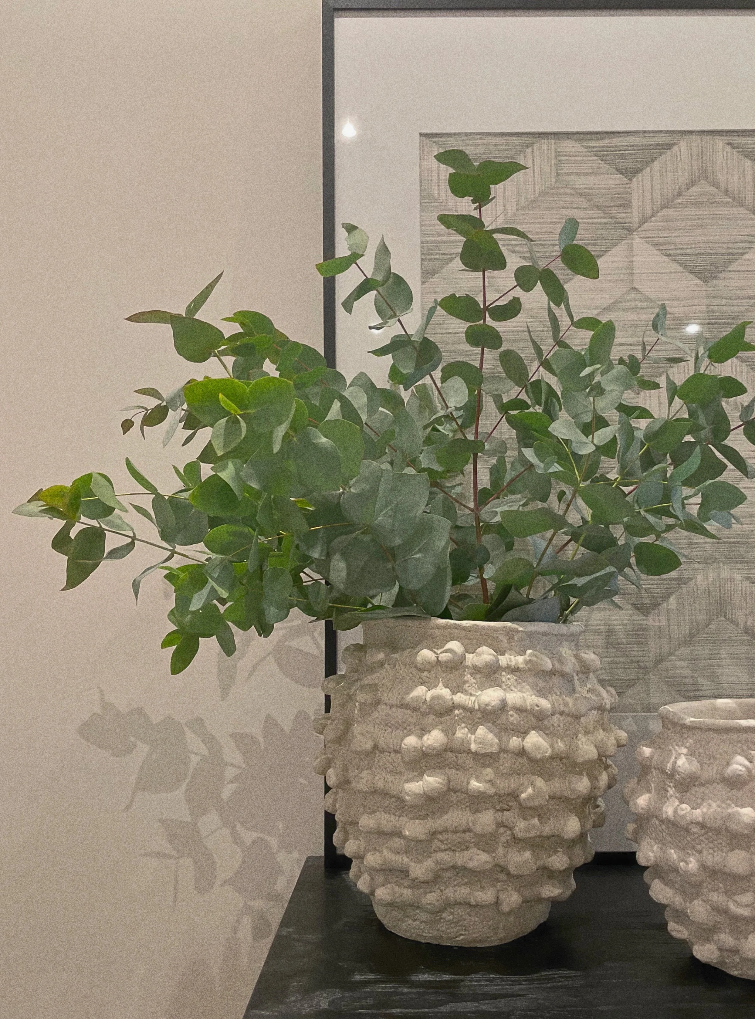 A green leafy plant in a textured white ceramic pot placed on a black table, with a framed artwork on the wall in the background.“Residential interior design project in Scotland by [Studio Name], working across Glasgow, Edinburgh, Dundee and the High