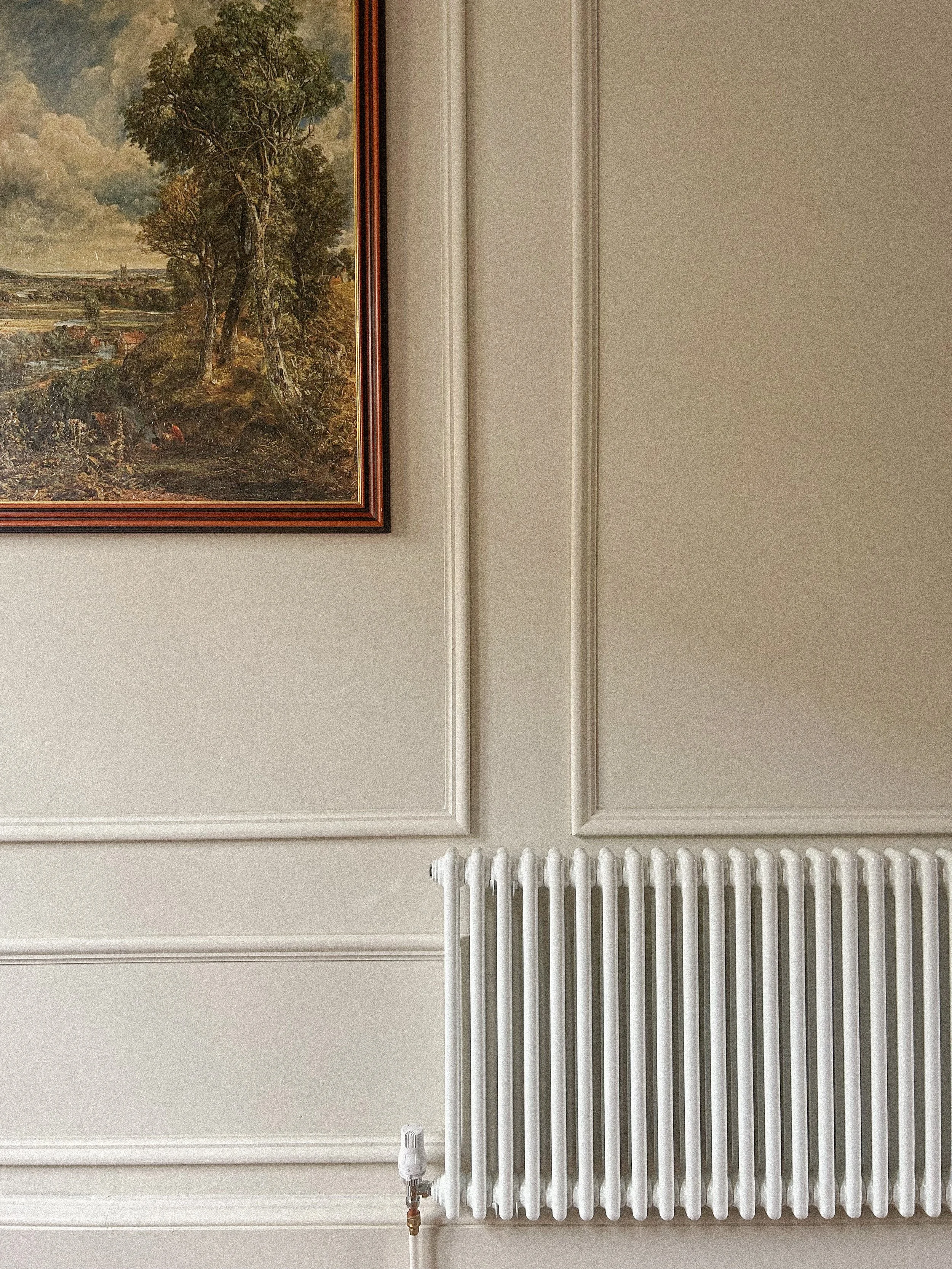 Interior image showing a section of a wall with decorative molding, a white radiator, and a framed landscape painting of trees and a cloudy sky.Residential interior design project in Scotland - Interior Designer Scotland - Interiors 