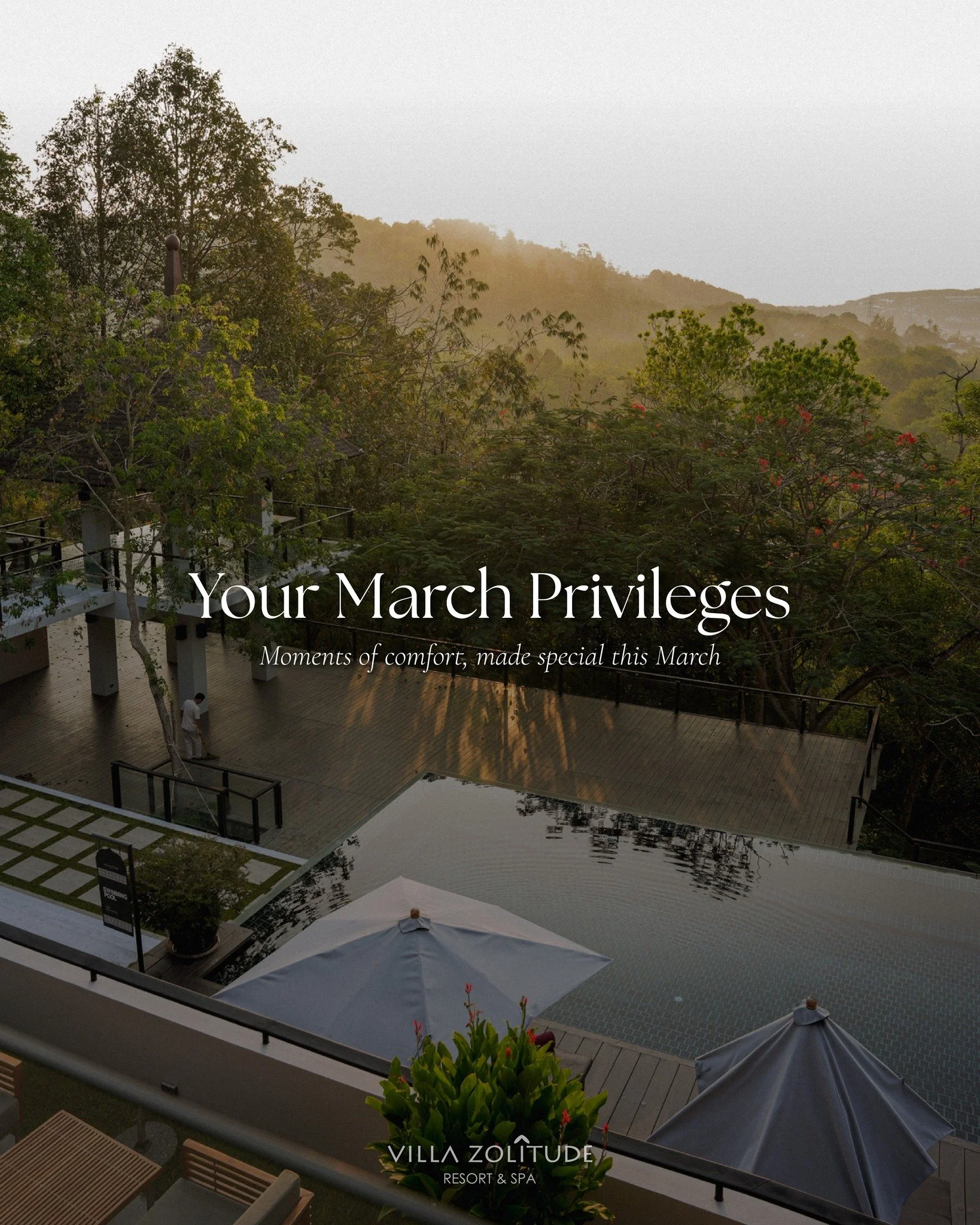 March privileges at Villa Zolitude 🌿
A little extra comfort to make your stay even better.
A season to slow down, reconnect, and enjoy thoughtfully curated privileges designed for your well-being.

- Thai Cooking Class 10% off
- Relaxing Happy Hour 
