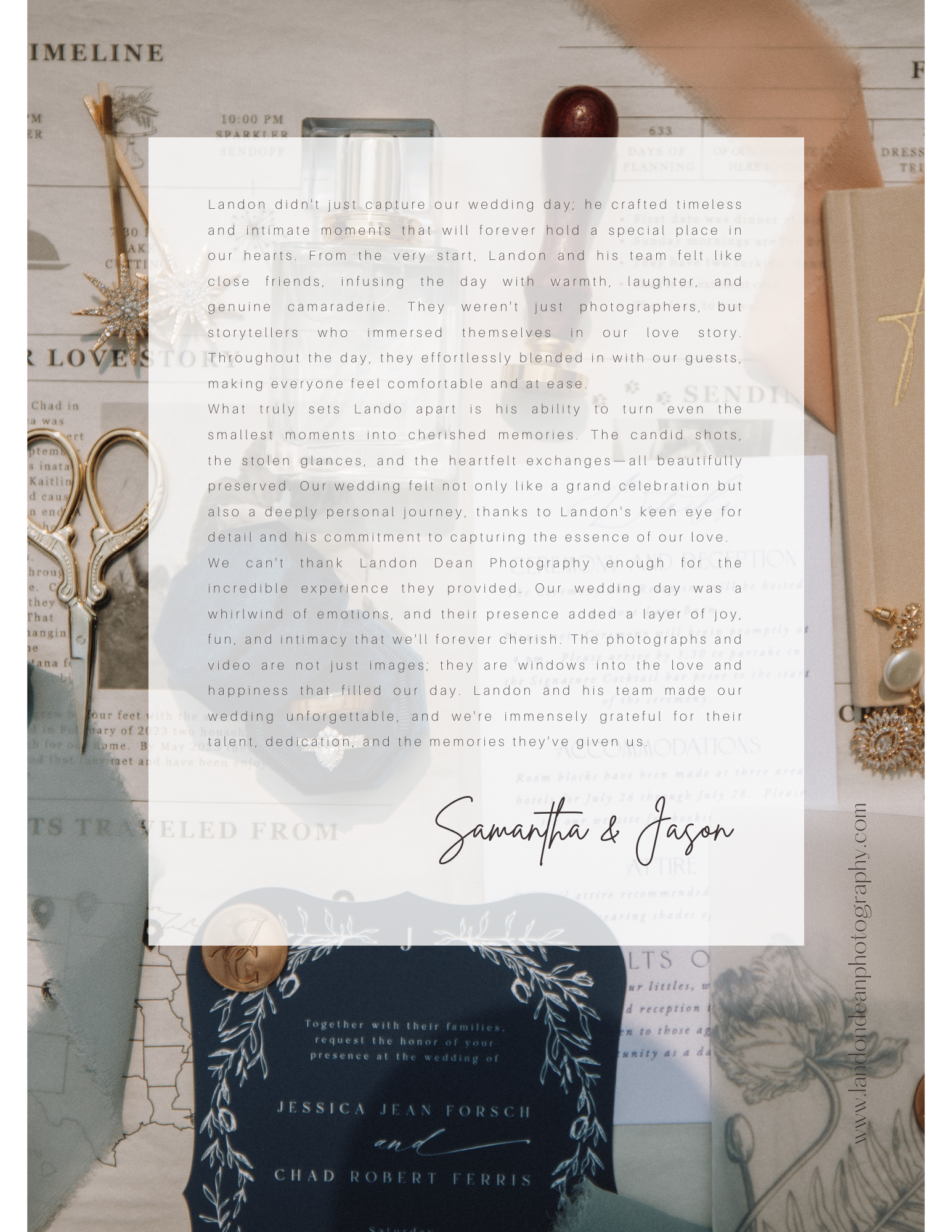 Wedding photography testimonial from Samantha and Jason describing their experience with Landon Dean Photography, featuring their wedding invitation and other small decorative items.