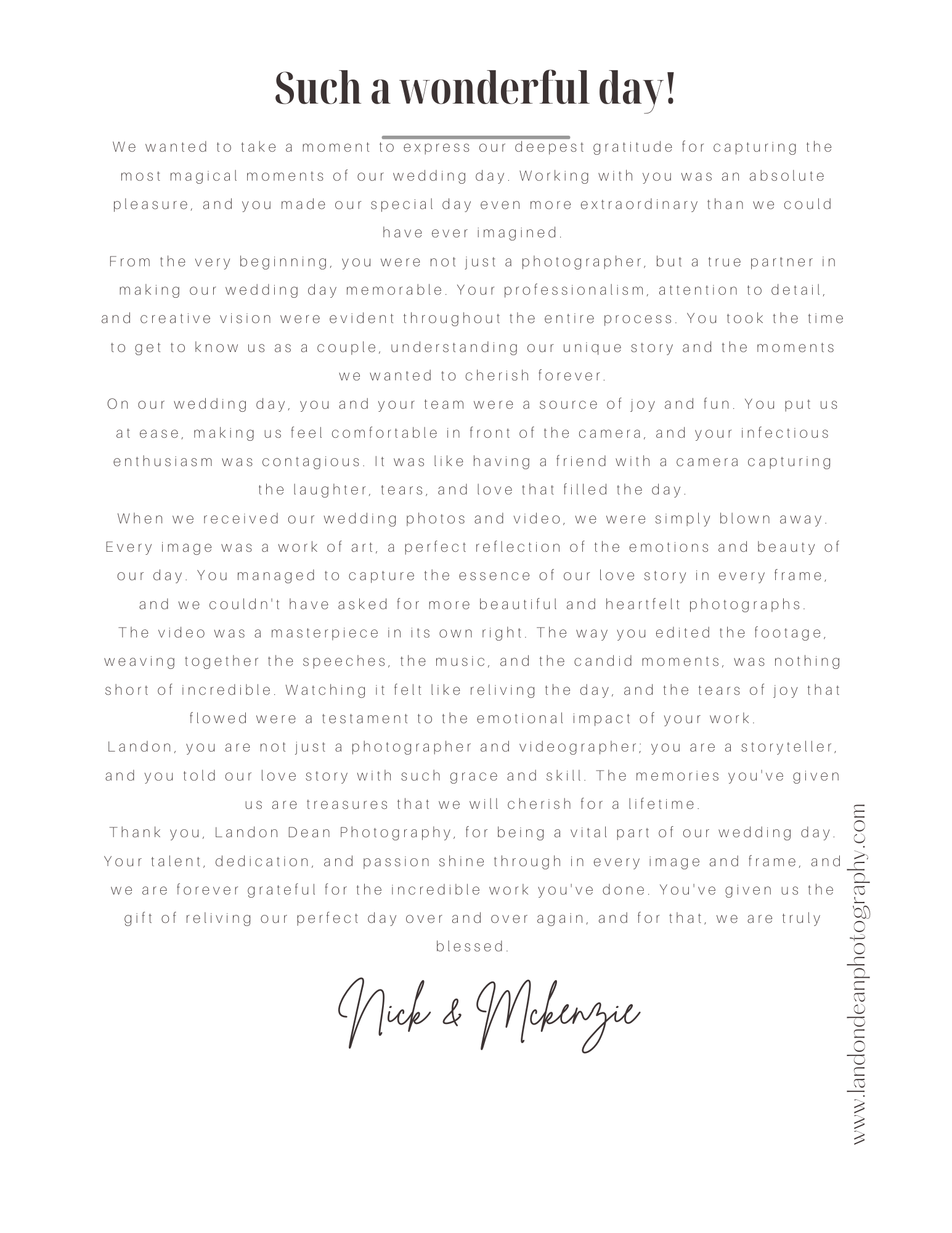 Text expressing gratitude for wedding photography services.